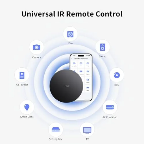 The hub placed on a TV stand with the IR window facing a projector
