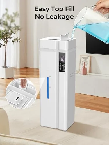 The humidifier running in a large open living space with visible mist rising