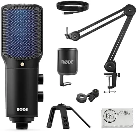 The Rode NT-USB+ microphone mounted on the arm above a desk