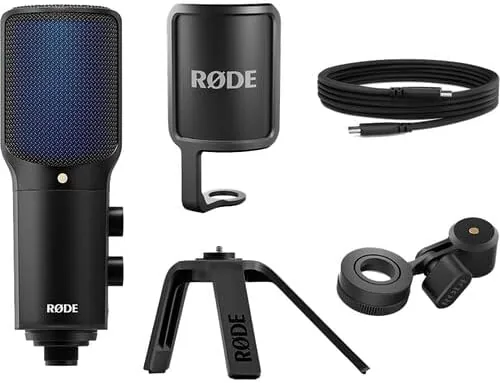 The full three item bundle laid out with the mic, arm, and cloth cover