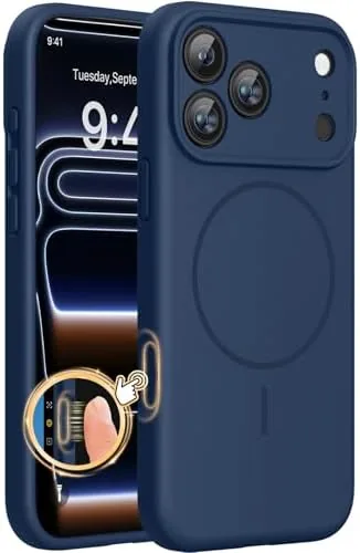 The Miracase dark blue silicone case fitted on an iPhone 17 Pro
