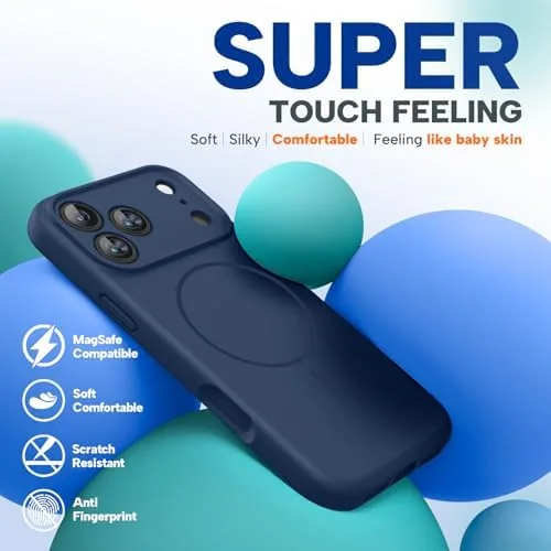 The dark blue case on the phone set on a desk next to a MagSafe charger