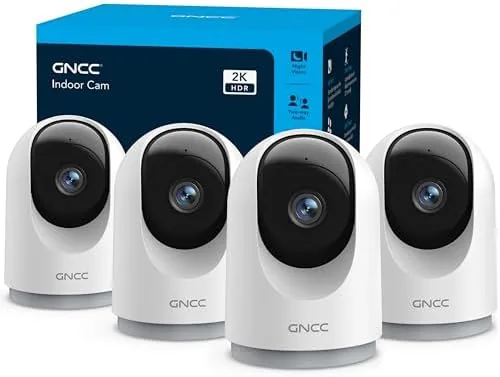 Four GNCC 2K security cameras laid out with their stands and cables