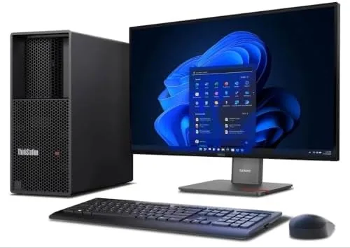 The ThinkStation tower next to a smaller gaming desktop for a size comparison
