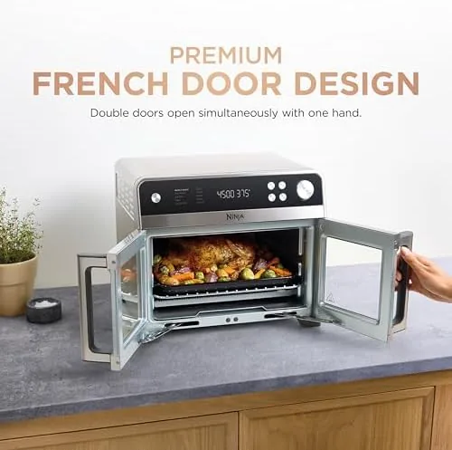 Chicken wings spread across the racks inside the 20.3 quart air fryer oven
