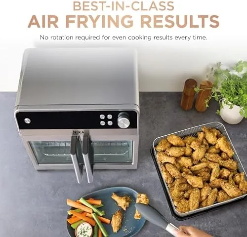 A finished plate of crispy chicken wings cooked in the Ninja French Door Premier