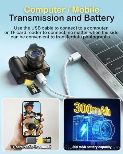 The mini camera beside a phone and a compact DSLR showing relative sizes