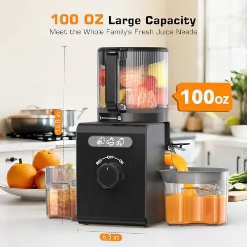 A glass of freshly pressed juice beside the machine with pulp separate in its container