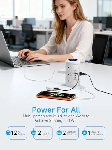Detail shot of the Tower Power Strip with 1 Dedicated PD 20W Fast-Charging Port features