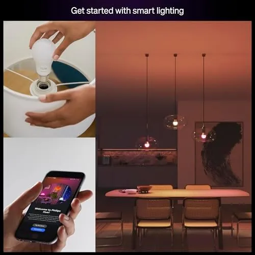 A Hue Essential bulb screwed into a table lamp with warm white light glowing