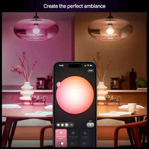 The same room lit in warm white, cool white, and a saturated blue to show the color range