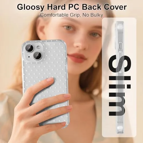 Another view of the QLTYPRI Cute Polka Dot Phone Case for iPhone 15, Clear