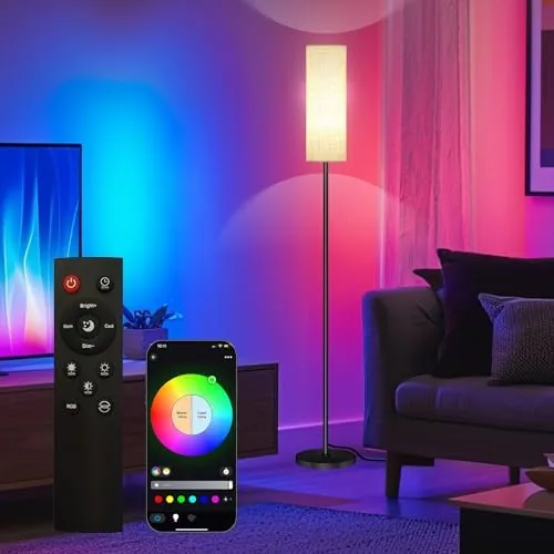 The 67 inch Qaubauyt smart LED floor lamp standing in a living room corner