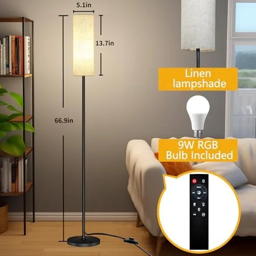 Close up of the beige fabric shade and the black stem of the smart floor lamp