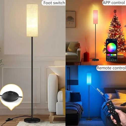 The floor lamp glowing in a saturated blue to match a gaming setup
