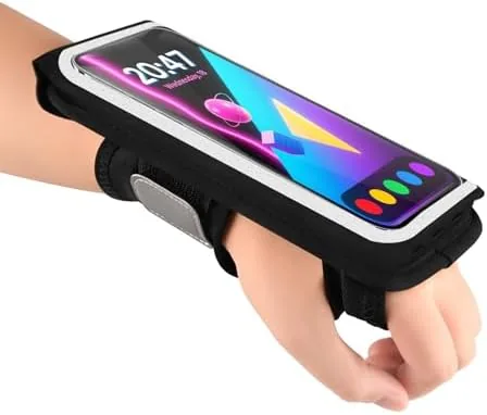 The running armband laid flat showing the phone pocket and reflective trim