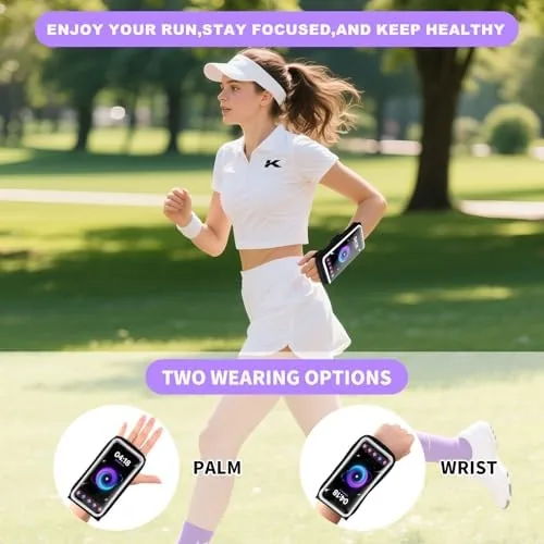 The armband wrapped around a forearm showing the adjustable strap closure