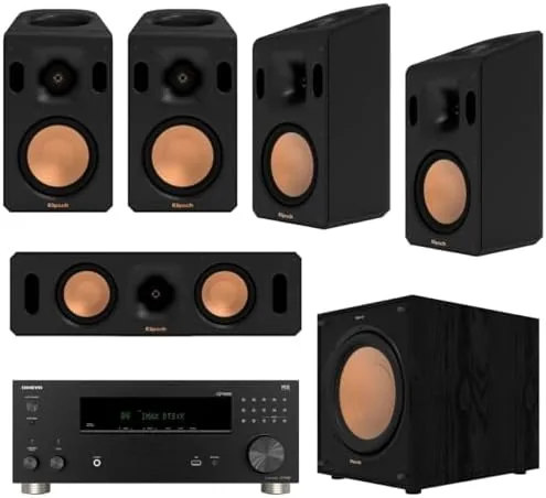 The full Klipsch Reference Cinema 5.1.4 speaker array arranged in a media room