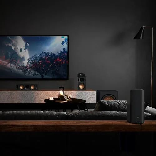 A completed media room setup with the full speaker array in position