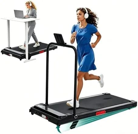 The portable walking pad treadmill with its handle bar attached and standing upright in a home office