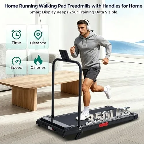 A person walking on the treadmill at a moderate pace while holding the handle bar