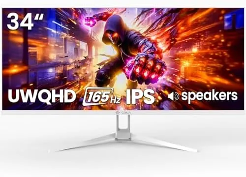 The CRUA 34 inch ultrawide monitor standing on a desk with the white frame visible
