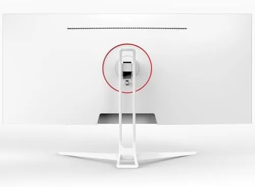 Close up of the monitor stand base and the rear panel with ports visible