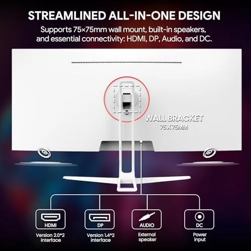 The white ultrawide monitor on a clean modern desk with a laptop beside it