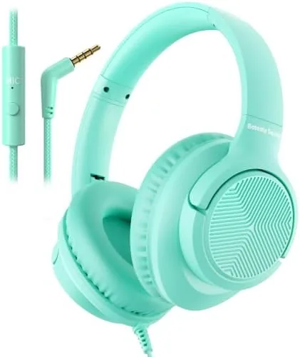 Overview of the Headphones Wired with Microphone for School, 3.5mm Corded Headphones, Green