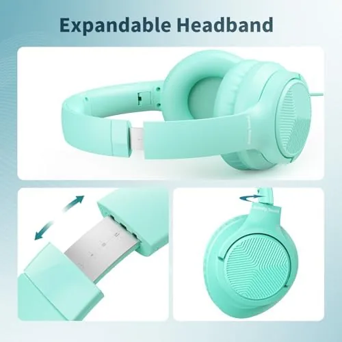 Detail shot of the Headphones Wired with Microphone for School, 3.5mm Corded Headphones, Green features
