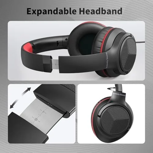 Detail shot of the Wired Headphones with Microphone for School, 3.5mm Headphones, Black Red features