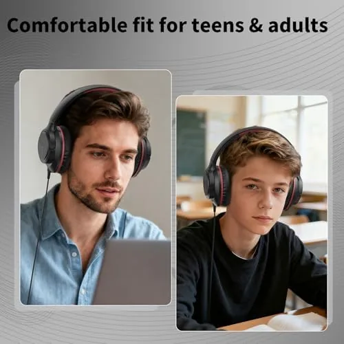 The Wired Headphones with Microphone for School, 3.5mm Headphones, Black Red in real use