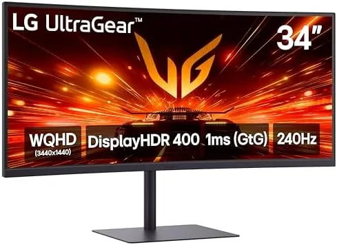 The LG 34G630A-B curved ultrawide monitor on a desk with the stand fully assembled