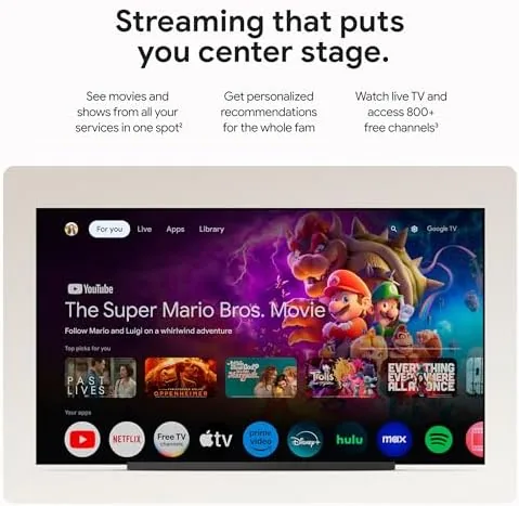 The Google TV home screen showing the interface with app rows and recommendations