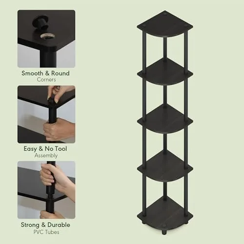 The Furinno Turn-N-Tube Corner Shelf, 5-Tier Corner Bookshelf, Open Storage Shelves compared in context