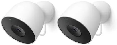 Two Google Nest Cam Outdoor Wired 2nd Gen cameras in snow white with their mounting plates