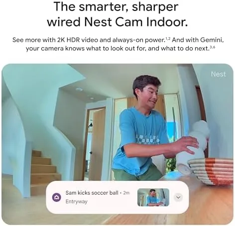 The Google Home app showing the live 2K feed and event clips from the Nest Cam Indoor