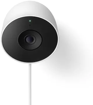 Close up of the Nest Cam Outdoor 2nd Gen housing showing the lens, status light, and mount plate