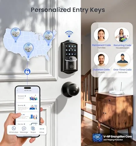 The Veise VE027-K smart deadbolt set installed on two matching front doors