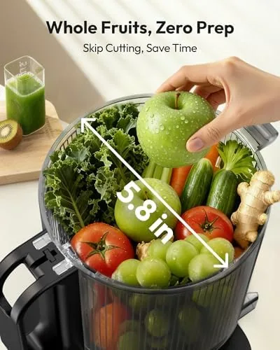 Close up of the 5.8 inch wide feed chute opening on the juicer lid