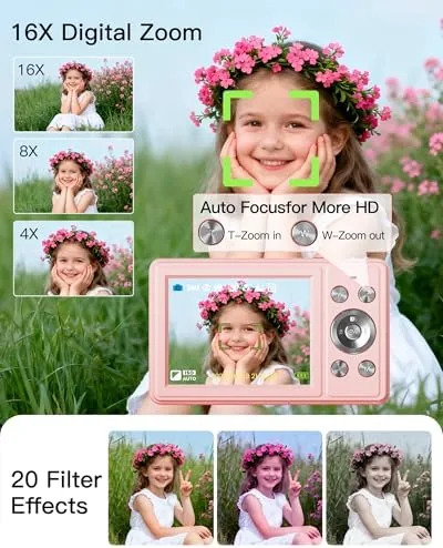 The pink camera compared to a toy style kid camera