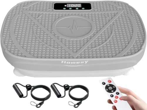 Homesy vibration plate set up on a home workout mat with the LED display visible