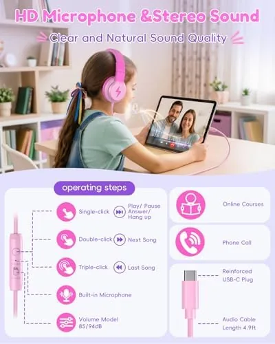 Detail shot of the Candy Bila USB C Kids Headphones with Mic, Wired Over-Ear features