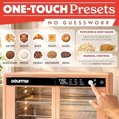 Digital control panel on the Gourmia air fryer oven showing cooking presets