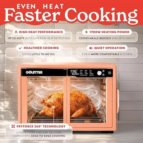 Air fried chicken wings and fries cooked in the Gourmia French door oven