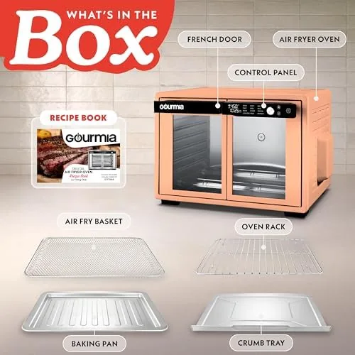 Side by side comparison of a basket air fryer and the Gourmia French door oven
