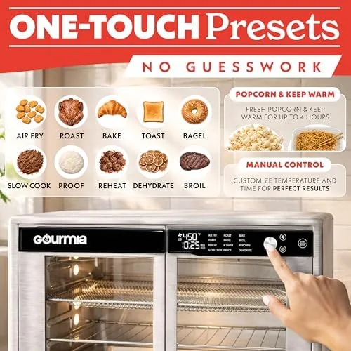 Close up of the digital control panel and 12 presets on the Gourmia oven
