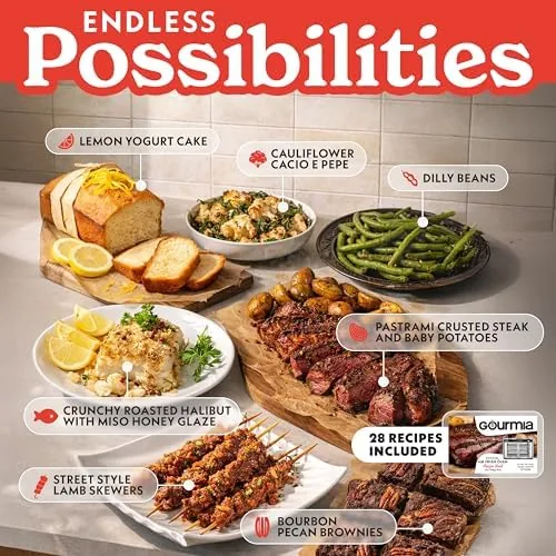 A family dinner prepared with the Gourmia stainless steel air fryer oven