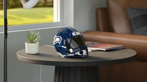 Close up of the Seattle Seahawks helmet stand holding the Echo Dot