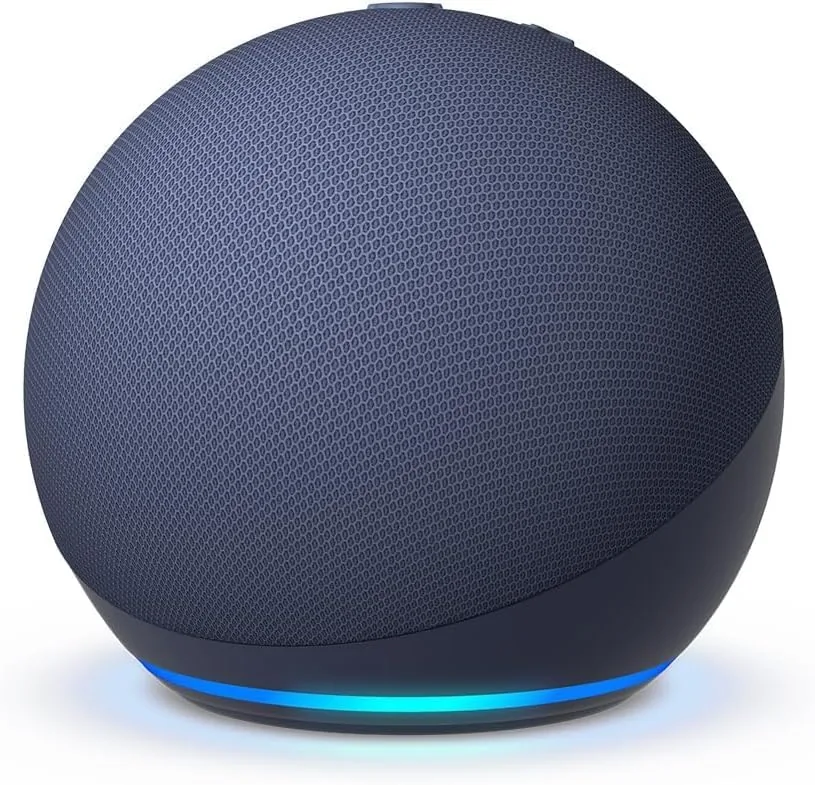 Echo Dot in the helmet stand on a desk playing music